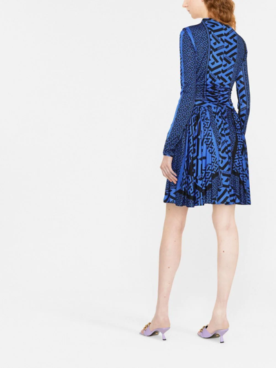Versace Monogram Multi Foulard Long Sleeve Mini Dress In Blue