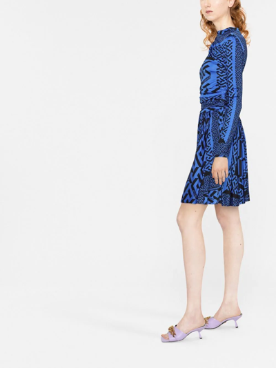 Versace Monogram Multi Foulard Long Sleeve Mini Dress In Blue
