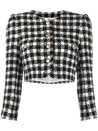 Shop Alessandra Rich Vichy Cropped Tweed Jacket In Black