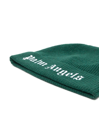 Shop Palm Angels Logo Embroidered Beanie In Green