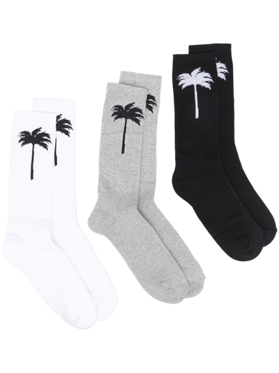 Shop Palm Angels Set-of-three Palm Tree-motif Socks In Grey