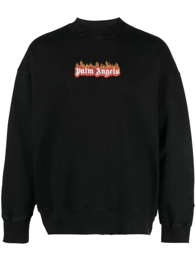 Shop Palm Angels Burning Logo-print Distressed Sweatshirt In Black