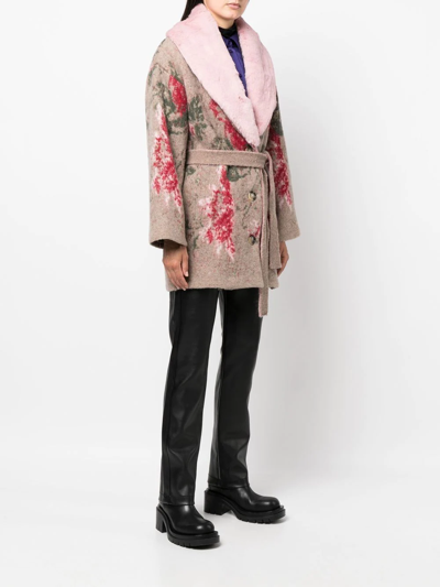 Shop Blumarine Floral-print Belted Coat In Brown