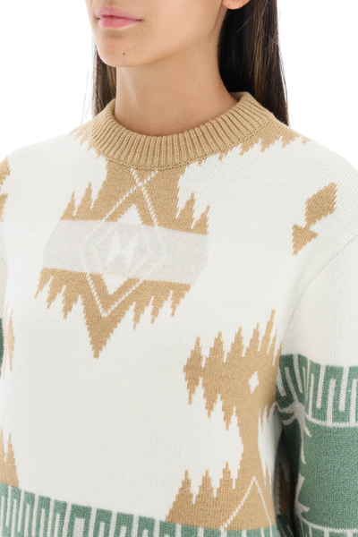 Shop Alanui Icon Jacquard Wool Sweater In Beige,green,white