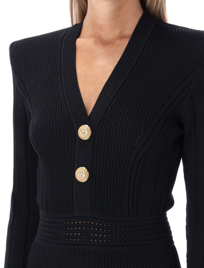 Shop Balmain Short Knit Dress With Gold Buttons In Black