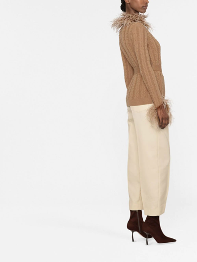 Shop Valentino Feather-trim Belted Cardigan In Brown