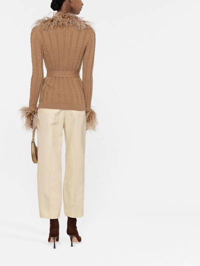 Shop Valentino Feather-trim Belted Cardigan In Brown