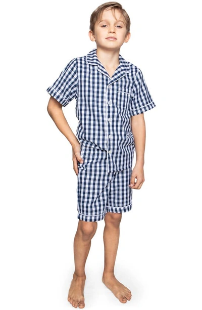 Petite Plume Kids' Gingham Two-piece Short Pajamas In Navy