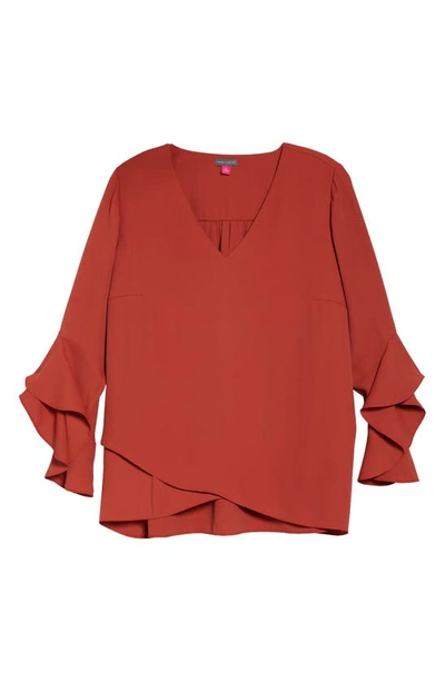 Shop Vince Camuto Flutter Sleeve Crossover Georgette Tunic Top In Terracotta