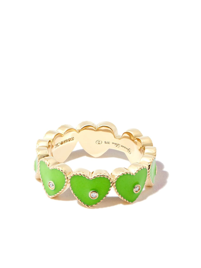 Shop Yvonne Léon 9kt Yellow Gold Enamel Diamond Heart Ring In Yellow Gold Green
