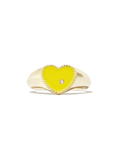 Shop Yvonne Léon 9kt Yellow Gold Enamel Diamond Heart Signet Ring In Yellow Gold Yellow