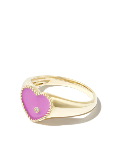 Shop Yvonne Léon 9kt Yellow Gold Enamel Diamond Heart Signet Ring In Yellow Gold Purple