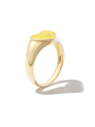 Shop Yvonne Léon 9kt Yellow Gold Enamel Diamond Heart Signet Ring In Yellow Gold Yellow