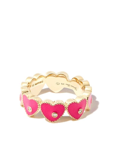 Shop Yvonne Léon 9kt Yellow Gold Enamel Diamond Heart Ring In Yellow Gold Pink