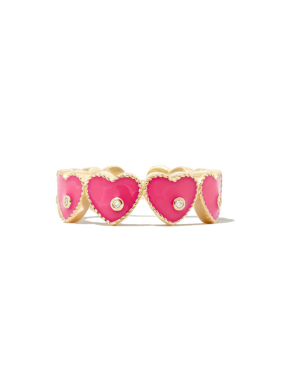 Shop Yvonne Léon 9kt Yellow Gold Enamel Diamond Heart Ring In Yellow Gold Pink