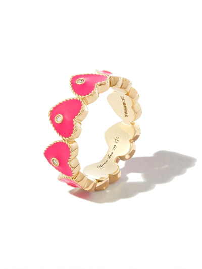 Yvonne Léon 9k Yellow Gold Mini Coeur Enamel Diamond Ring In Yellow Gold Pink