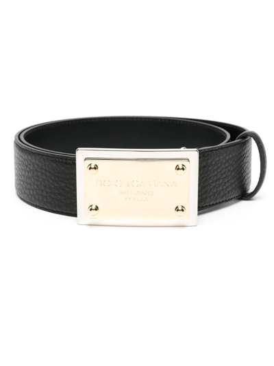 Dolce & Gabbana Black Grainy Logo Plaque Leather Belt | ModeSens