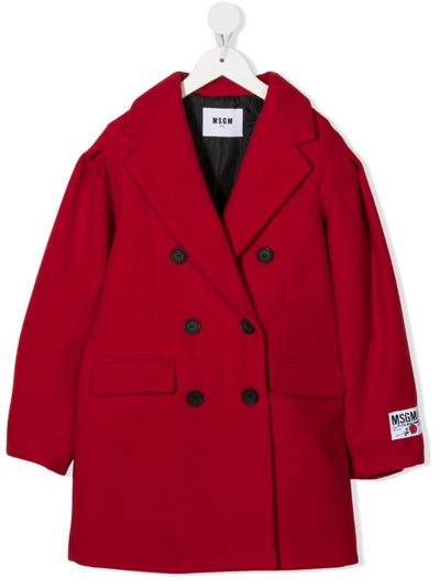 Shop Msgm Logo-patch Double-breasted Peacoat In Red