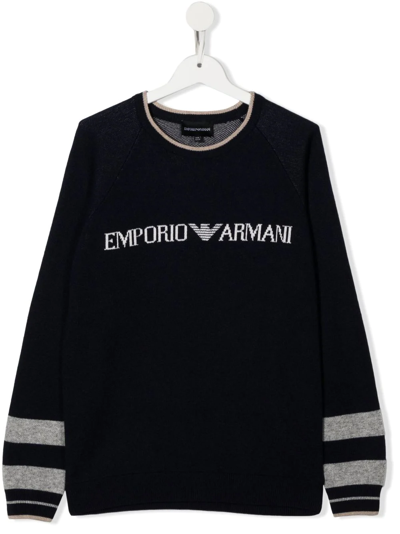 Shop Emporio Armani Logo-print Crew-neck Jumper In Blue