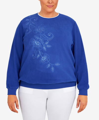 Shop Alfred Dunner Plus Size Classics Asymmetric Floral Pullover Sweater In Cobalt