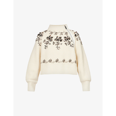Shop Sacai Stud And Sequin-embellished Wool-knit Jumper In Off White