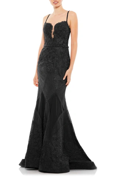 Shop Mac Duggal Embellished Lace Mermaid Gown In Black