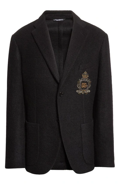 Shop Dolce & Gabbana Embroidered Crest Wool Blend Sport Coat In Black