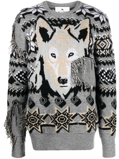 Shop Etro Crewneck Sweater With Embroidery In Grey