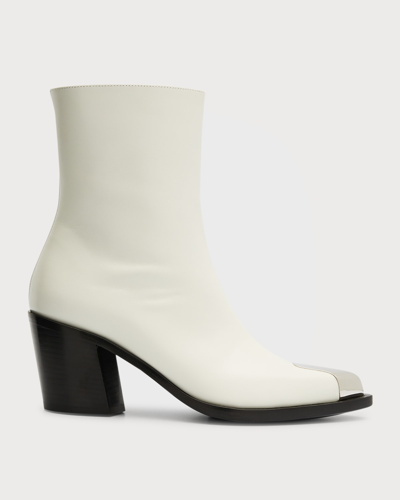 Shop Alexander Mcqueen Boxcar Calfskin Cap-toe Ankle Booties In New Ivory/silver