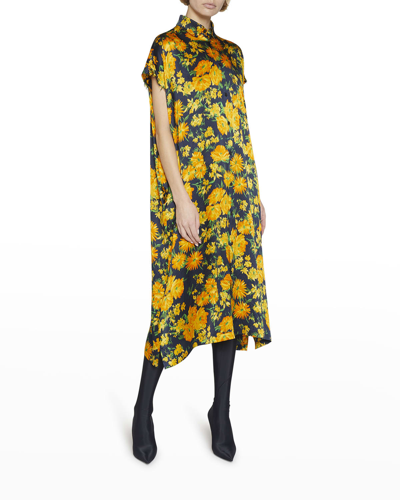 Shop Balenciaga Yellow Bouquet Silk Shirtdress In Yellow/blu