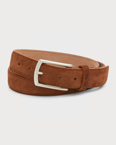 Shop Zegna Men's Triple-stitch Leather Belt In Dark Brown Solid