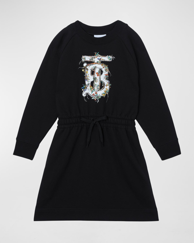 Shop Burberry Girl's Alba Floral-print Tb Sweater Dress In Black