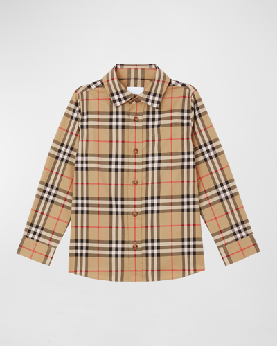 Shop Burberry Boy's Owen Check-print Shirt In Archive Beige Ip