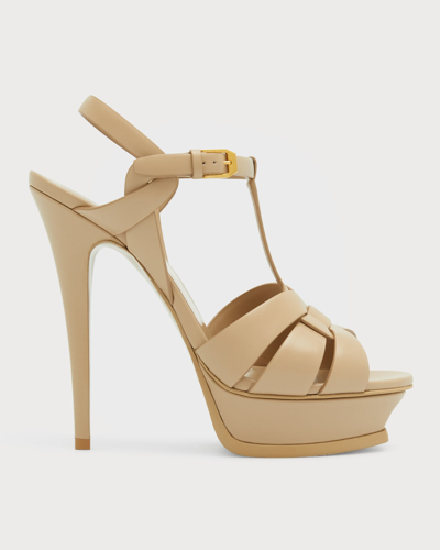 Saint Laurent Tribute Leather T-strap Platform Sandals In Neutral