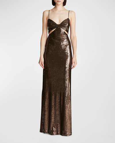 Shop Halston Chloe Cutout Sequin Column Gown In Espresso