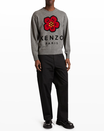 Shop Kenzo Men's Poppy Wool Flower-logo Sweater In Middle Grey