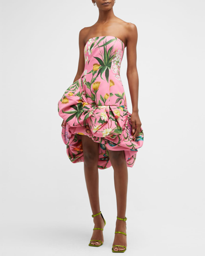 Shop Oscar De La Renta Floral Tapestry-print Draped Balloon-hem Dress In French Pink