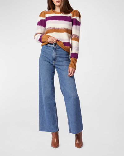 Shop Joie Ronsard Striped Puff-sleeve Wool Sweater In Brown Sugar Multi