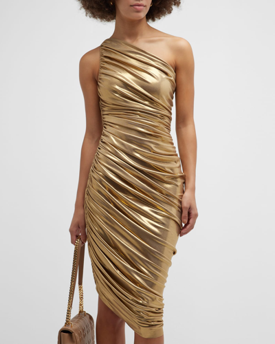 Shop Norma Kamali Diana One-shoulder Shirred Lame Dress In Gold