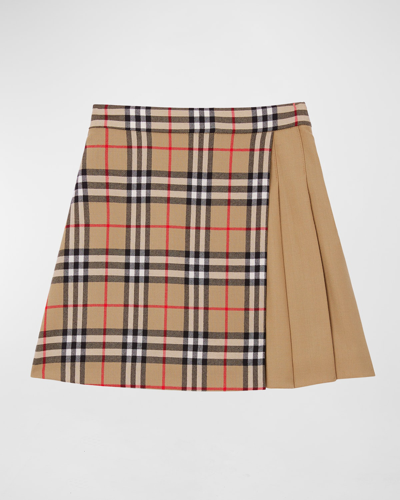 Shop Burberry Girl's Lana Vintage Check Combo Wool Pleated Skirt In Archive Beige Ip