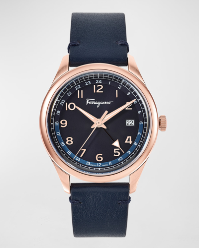 Shop Ferragamo Men's Timeless Ip Yellow Gold Leather Watch, 40mm In Ipyg Blue