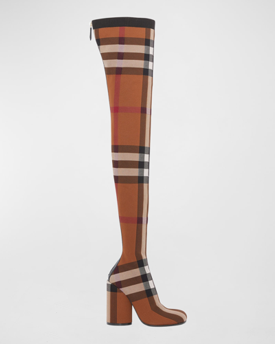 Shop Burberry Anita Knit Check Over-the-knee Boots In Birch Brown Ip Ch