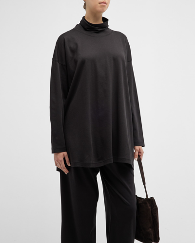 Shop Eskandar A-line Long-sleeve Scrunch Neck Cashmere Top (long Length) In Black