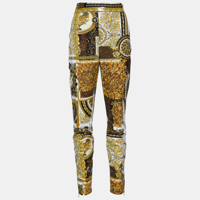 Pre-owned Versace Gold Barocco & Leopard Print Coated Knit Leggings L