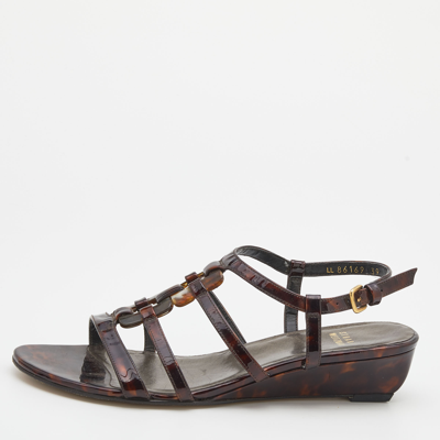 Pre-owned Stuart Weitzman Tortoise Shell Patent Leather Strappy Ankle Strap Sandals Size 39 In Brown