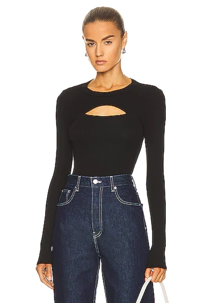 Shop Enza Costa Silk Knit Long Sleeve Cut Out Crew Neck Top In Black