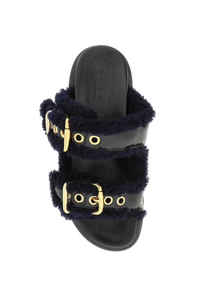 Shop Marni Leather And Shearling Fussbett Slides In Multicolor