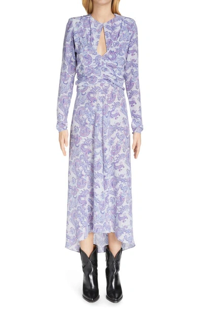 Shop Isabel Marant Telima Paisley Print Long Sleeve Stretch Silk Midi Dress In Ice Blue