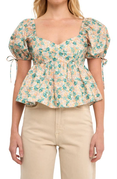 English Factory Floral Puff Sleeve Cotton Top In Green Multi