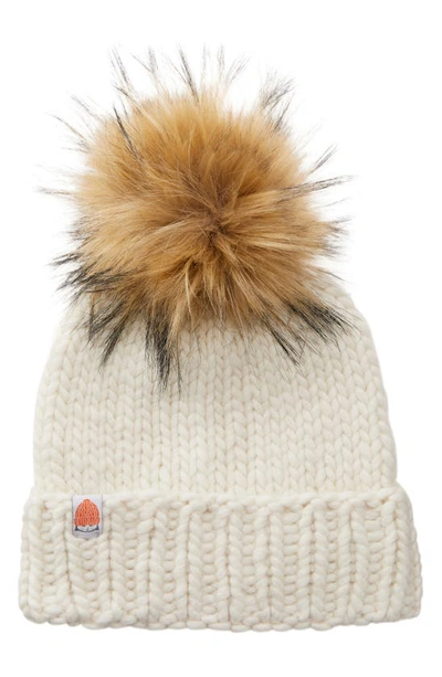 Shop Sht That I Knit The Rutherford Faux Fur Pompom Merino Wool Beanie In White Lie